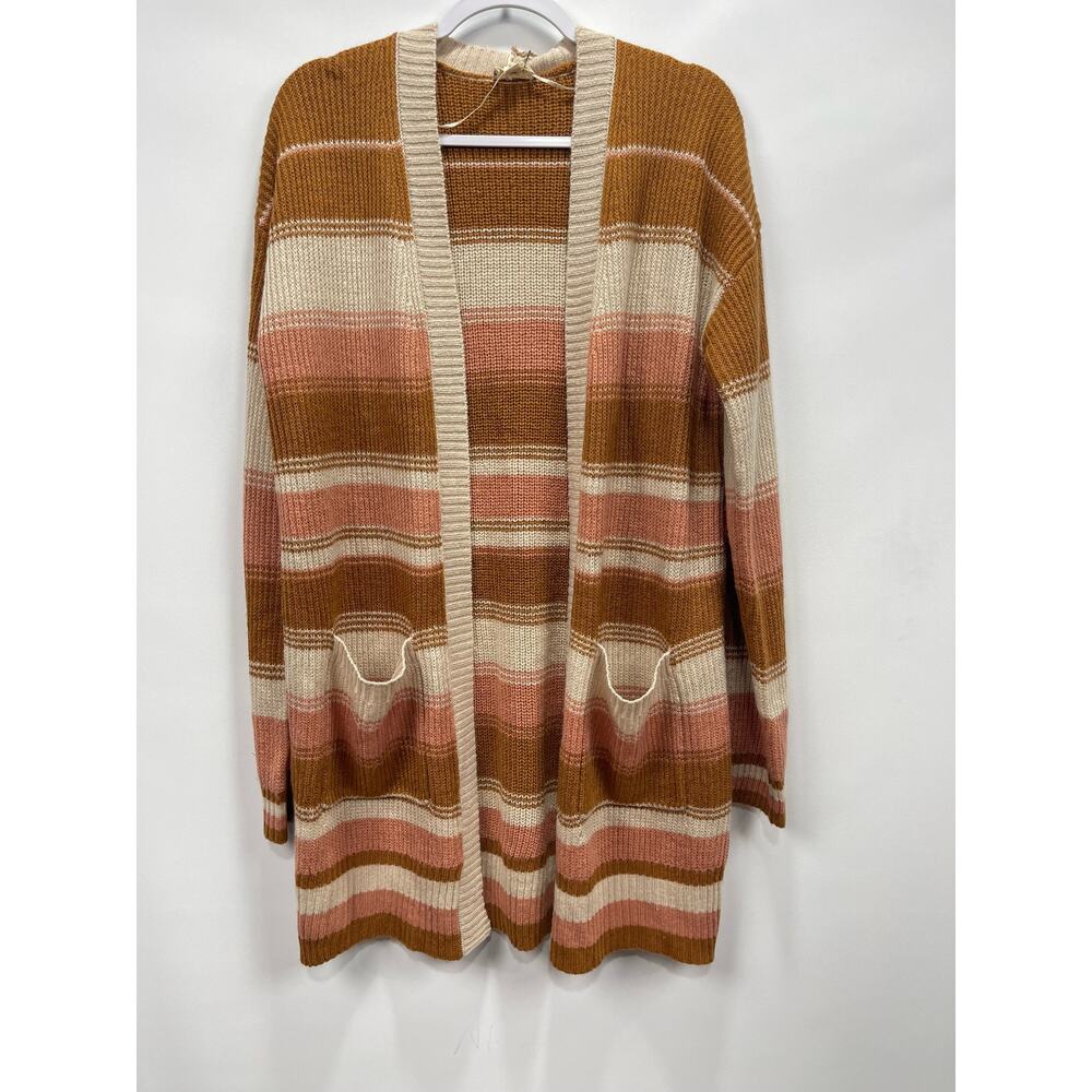 Hem & Thread ’Eller’ Multi Longer Length Cardigan with Cream/Blush/Rust Stripes